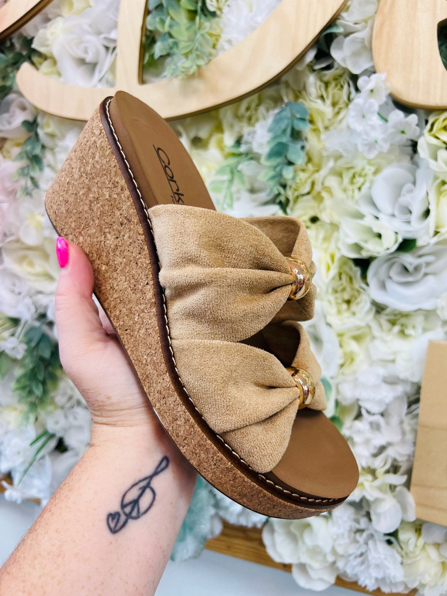 Corkys Miss Understood Camel Faux Suede Double Ruched Strap Wedges - A'Bekah's Boutique