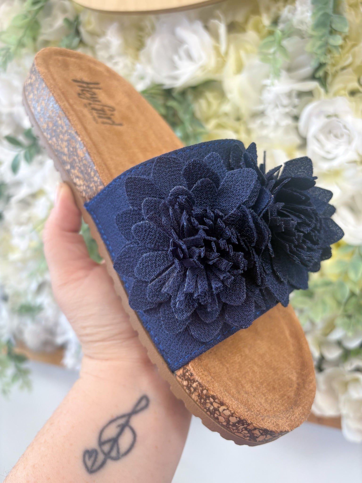 Corkys Navy Wild Child Slip On Sandals with 3D Flowers - A'Bekah's Boutique