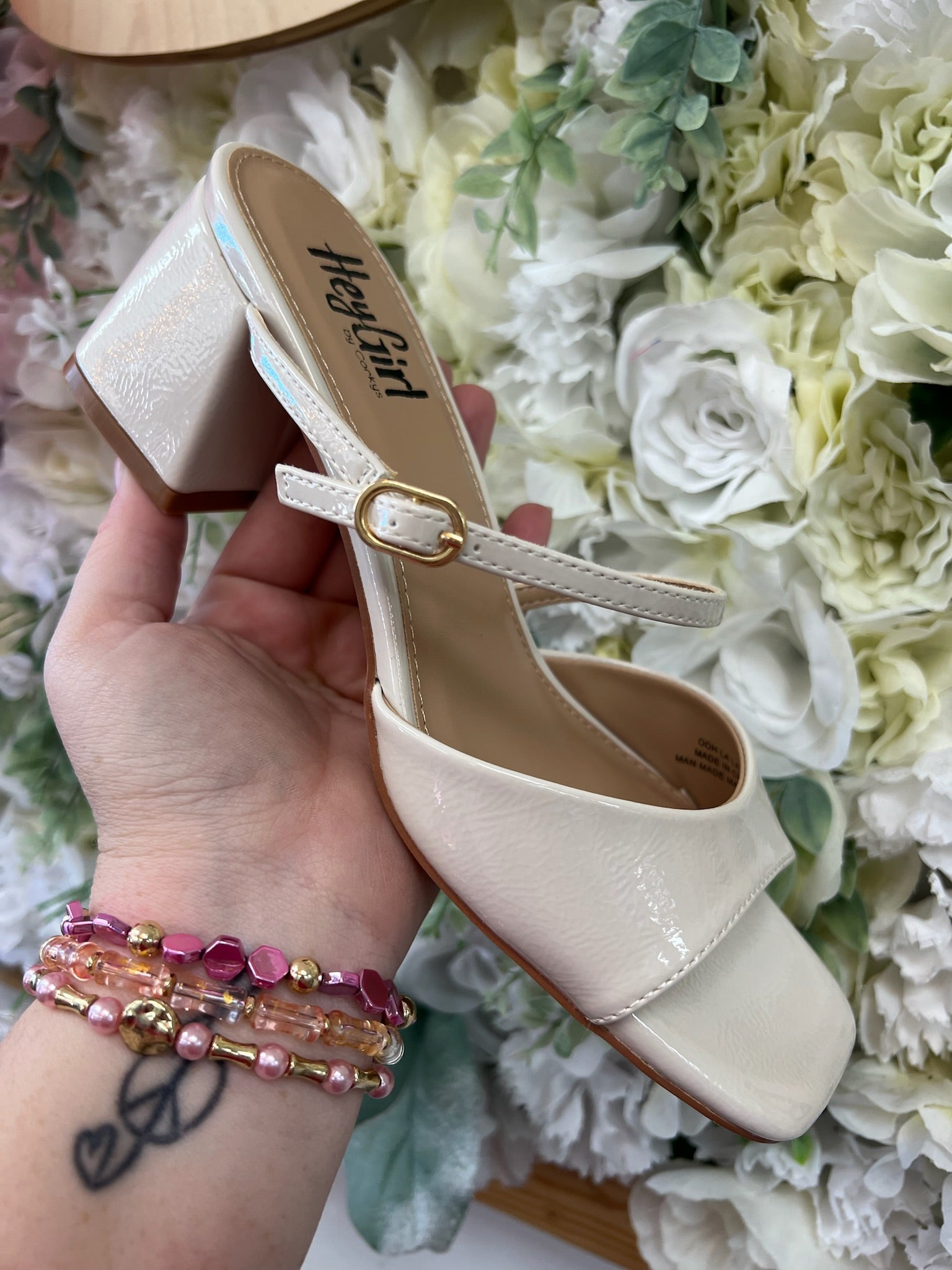 Corkys Ooh La La Ivory Patent 2.5" Chunky Heel Slip On Shoes - A'Bekah's Boutique