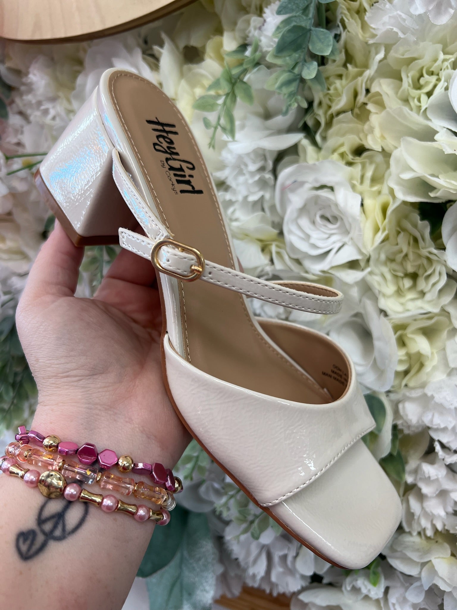 Corkys Ooh La La Ivory Patent 2.5" Chunky Heel Slip On Shoes - A'Bekah's Boutique