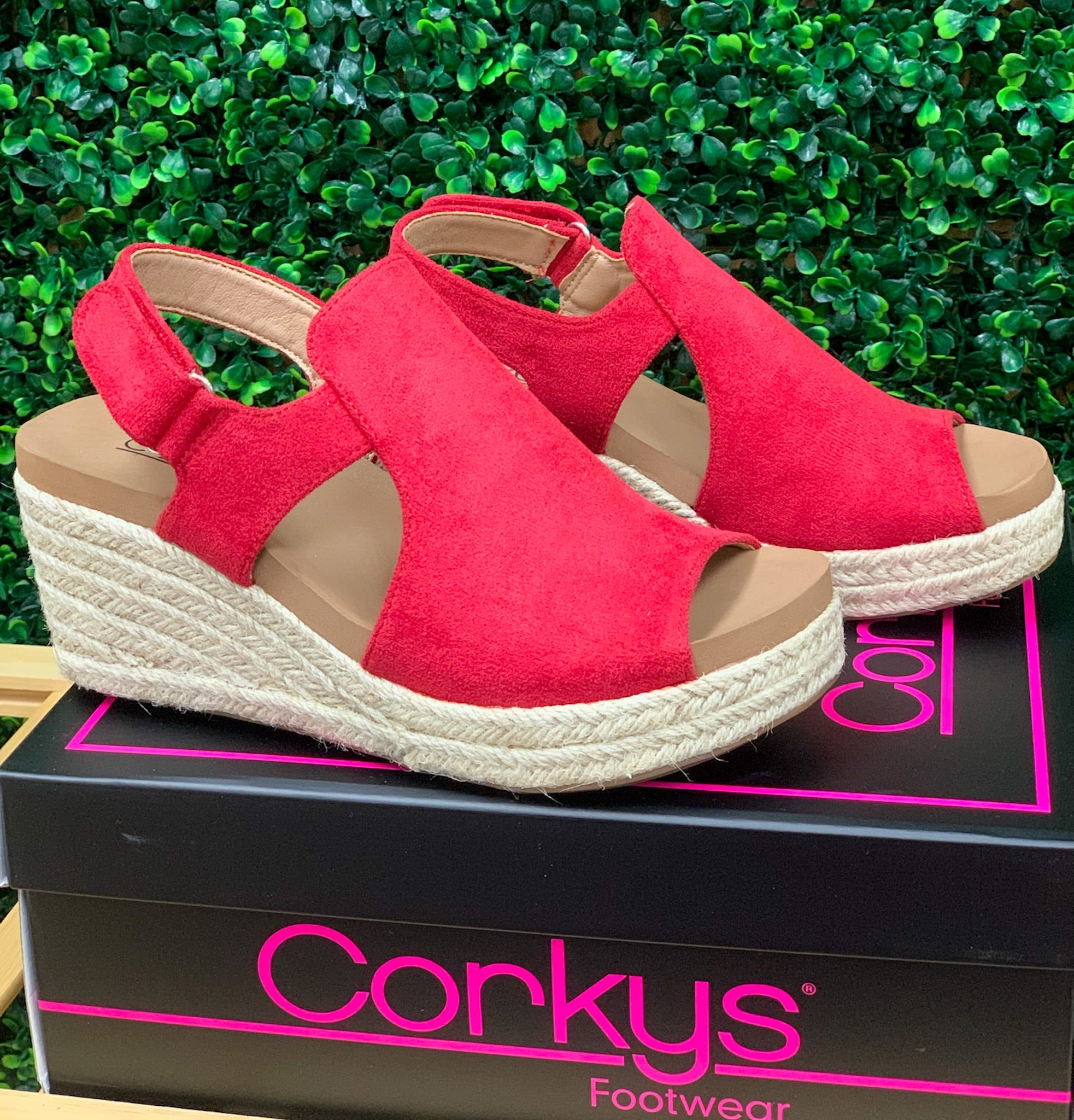 Corkys Pose Red Faux Suede Wedges - A'Bekah's Boutique