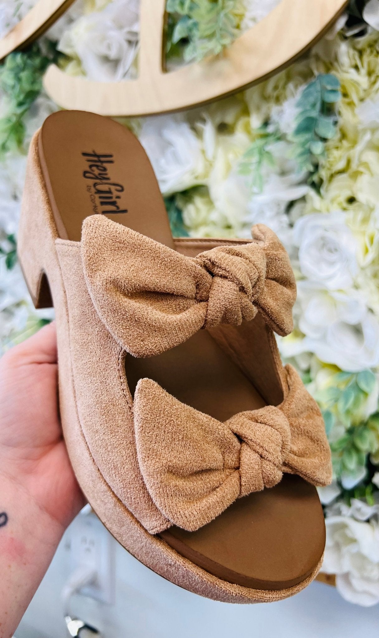 Corkys Put A Bow On It Camel Faux Suede Slip Ons - A'Bekah's Boutique