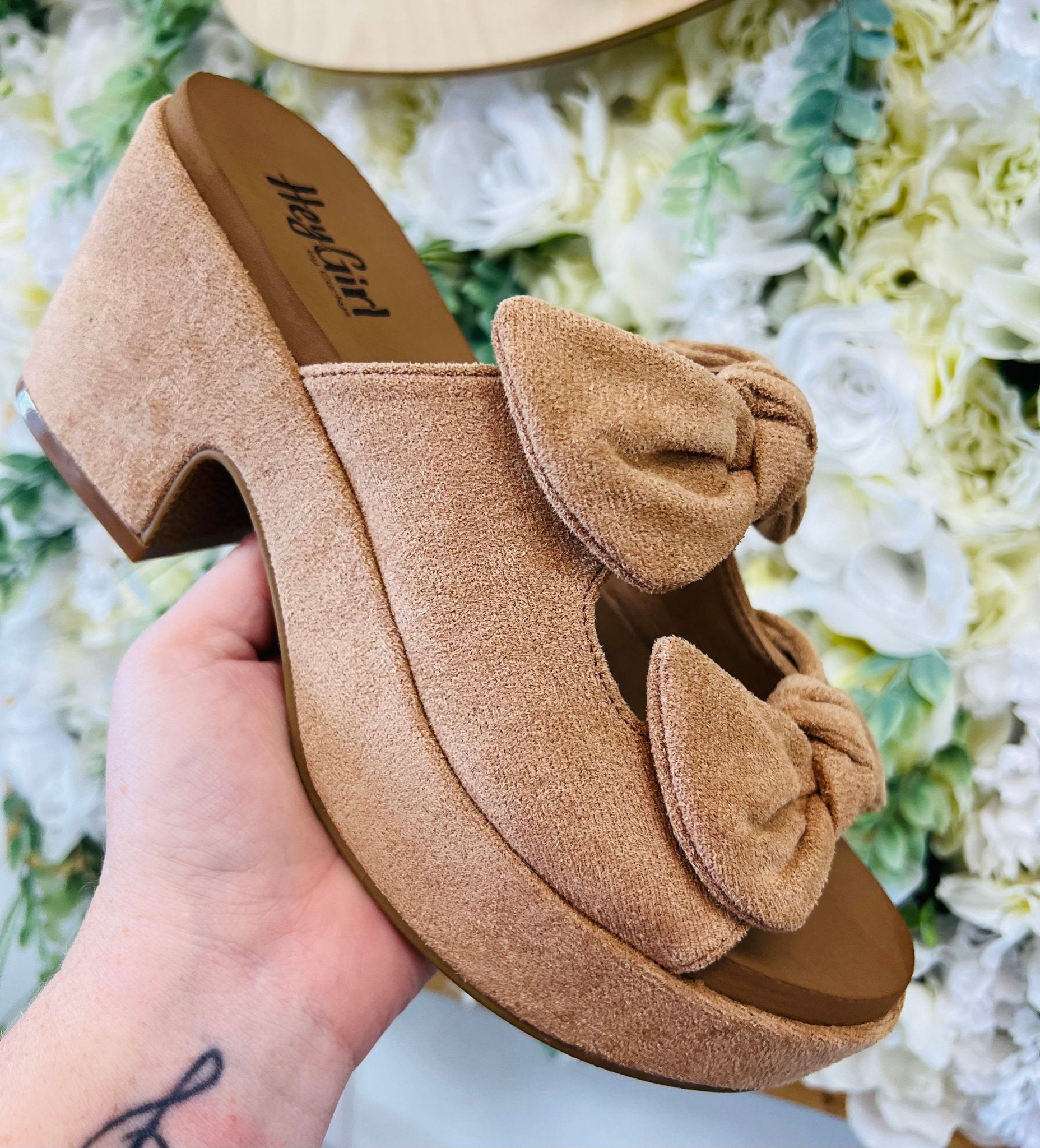 Corkys Put A Bow On It Camel Faux Suede Slip Ons - A'Bekah's Boutique