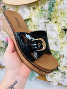 Corkys Reality Black Patent Crocodile Slip On Wedges - A'Bekah's Boutique