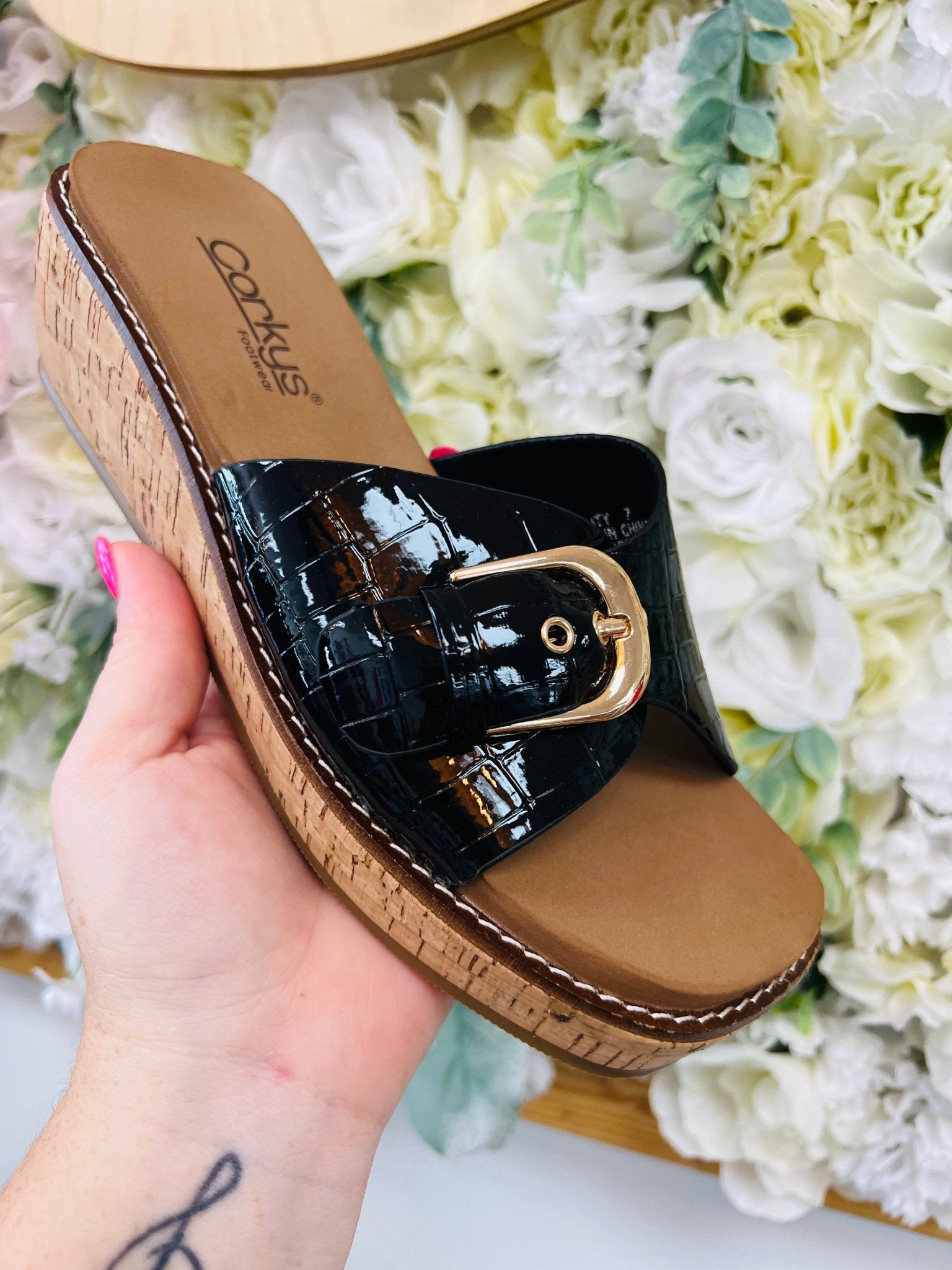 Corkys Reality Black Patent Crocodile Slip On Wedges - A'Bekah's Boutique