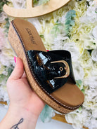 Corkys Reality Black Patent Crocodile Slip On Wedges - A'Bekah's Boutique