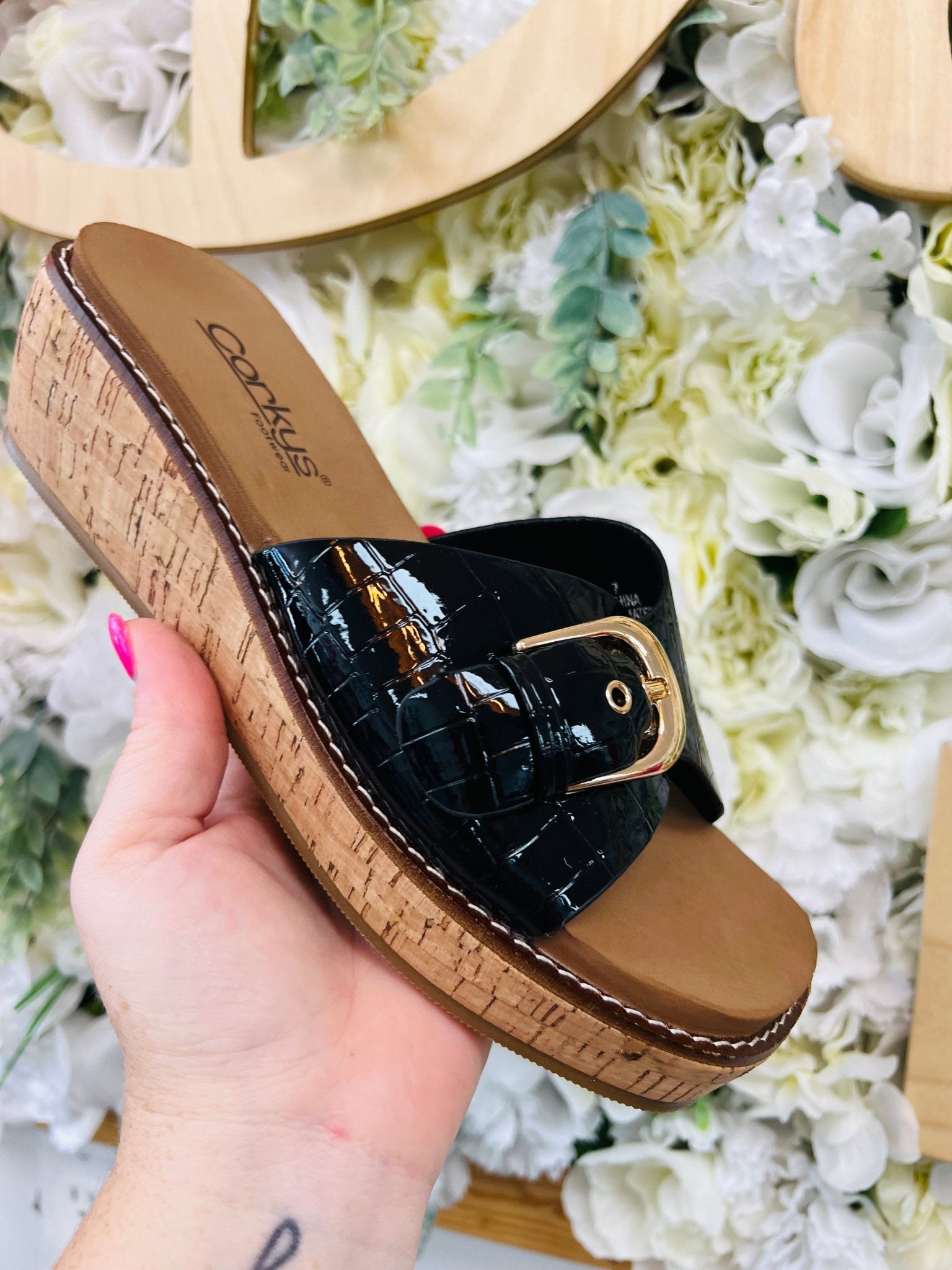 Corkys Reality Black Patent Crocodile Slip On Wedges - A'Bekah's Boutique