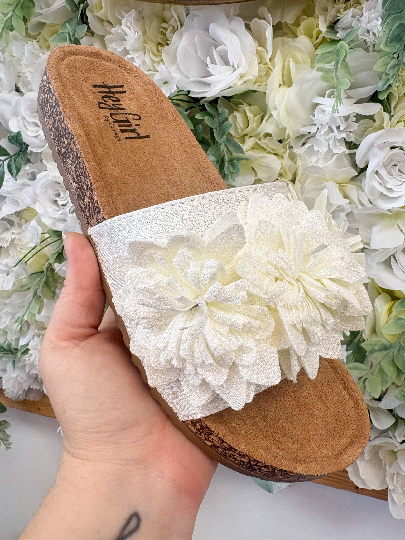 Corkys White Wild Child Slip On Sandals with 3D Flowers - A'Bekah's Boutique