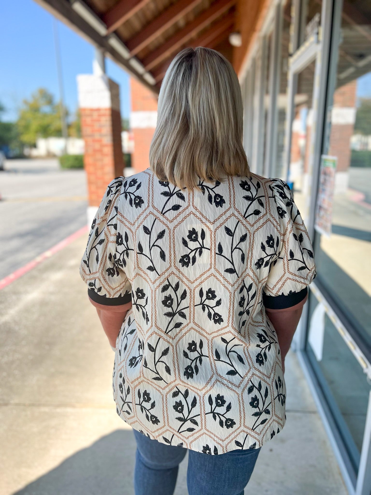 Cream and Black Floral Short Puff Sleeve V - Neck Top (C) - A'Bekah's Boutique