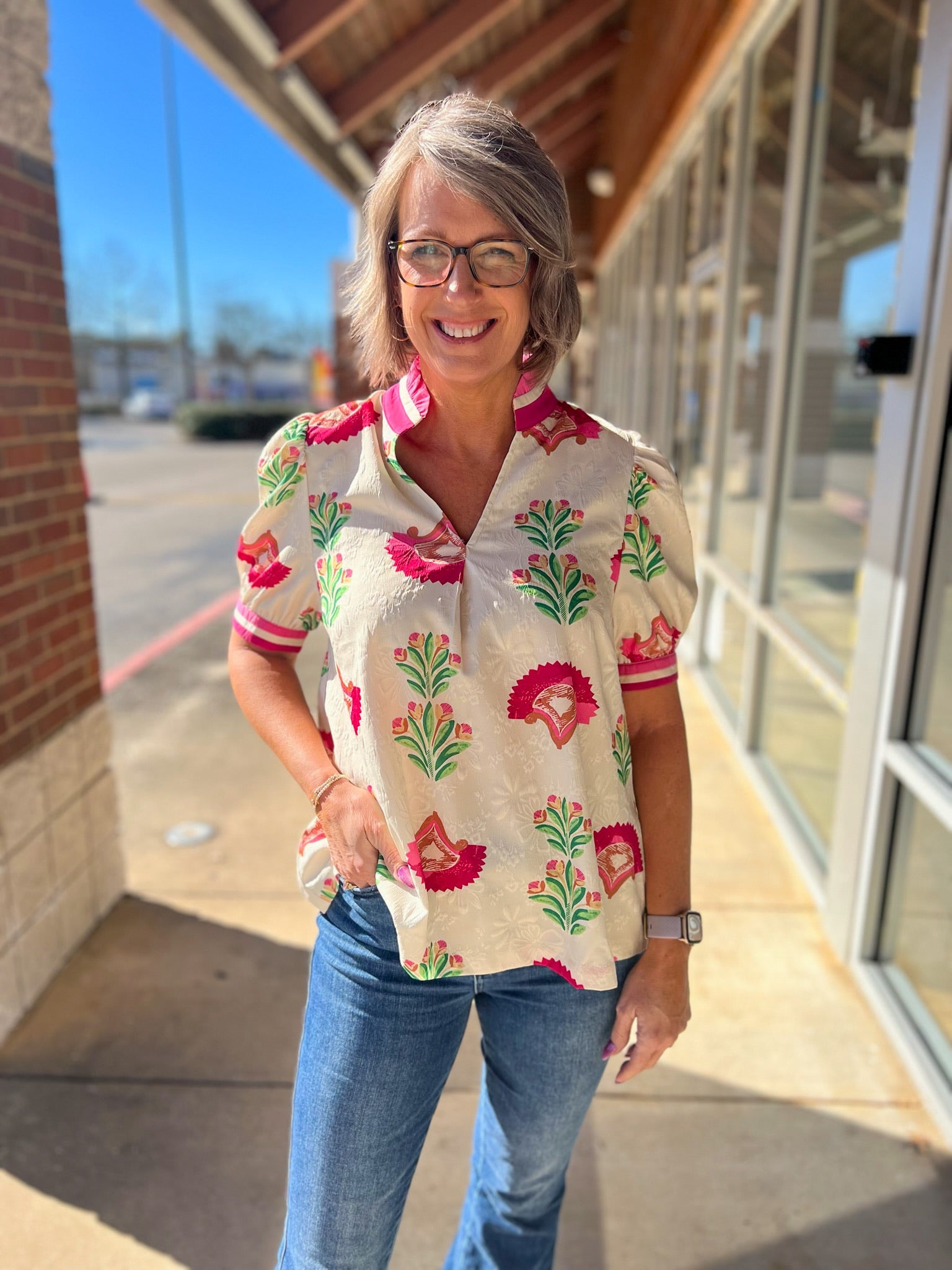 Cream and Fuchsia Abstract Jacquard Print Top with Short Puff Sleeves - A'Bekah's Boutique