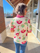 Cream and Fuchsia Abstract Jacquard Print Top with Short Puff Sleeves - A'Bekah's Boutique