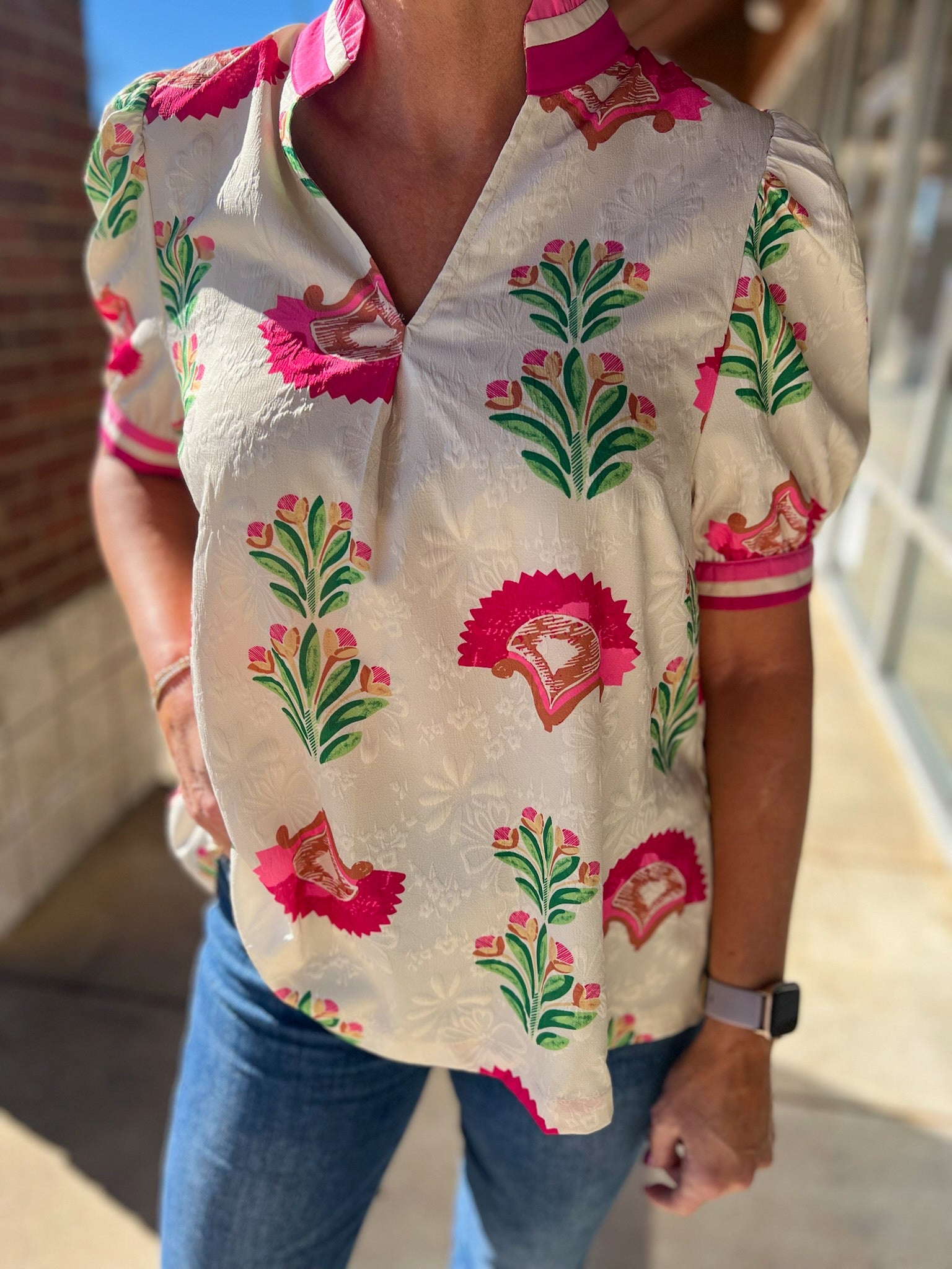 Cream and Fuchsia Abstract Jacquard Print Top with Short Puff Sleeves - A'Bekah's Boutique