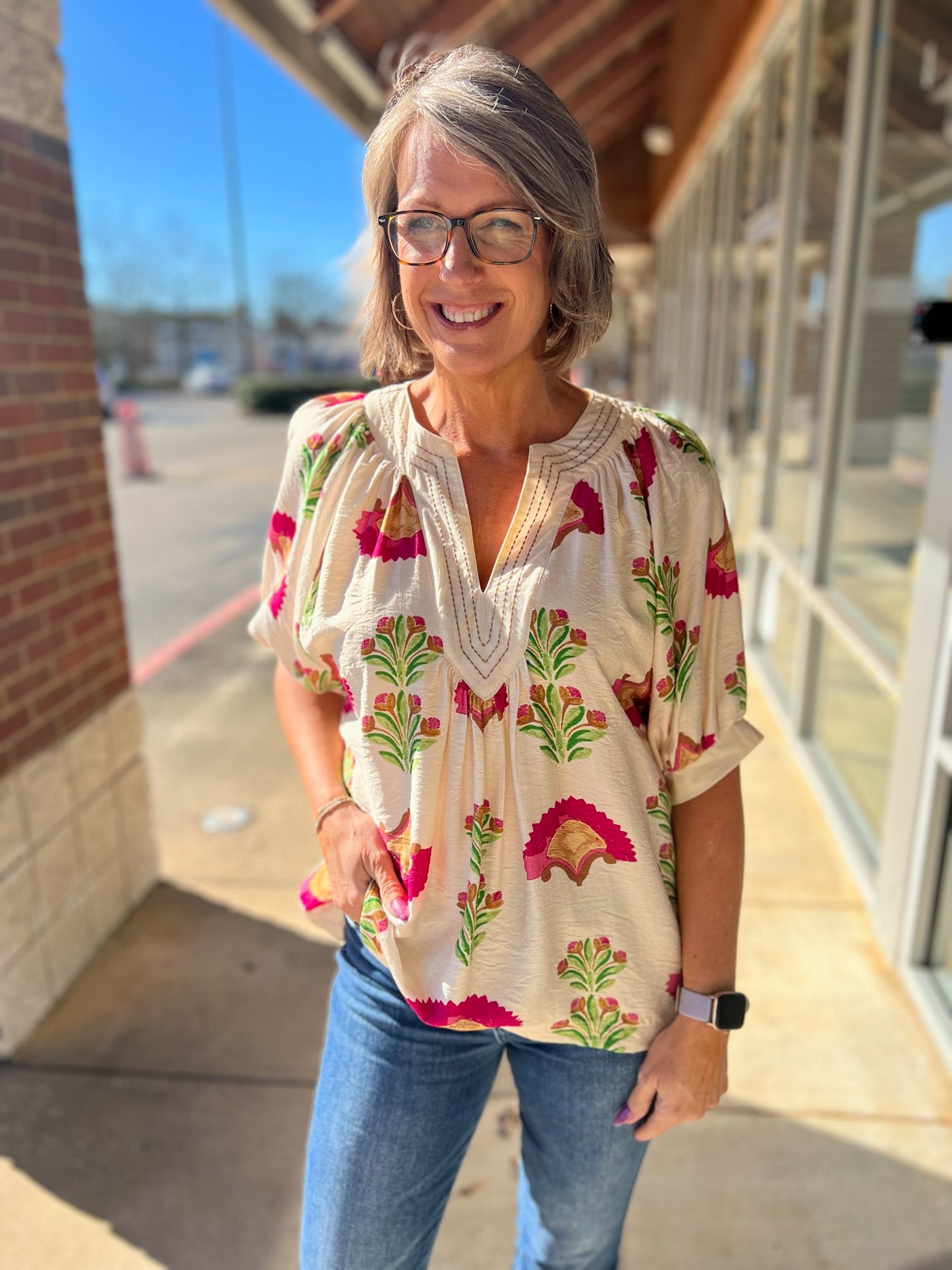 Cream and Fuchsia Abstract Print V - Neck Top - A'Bekah's Boutique