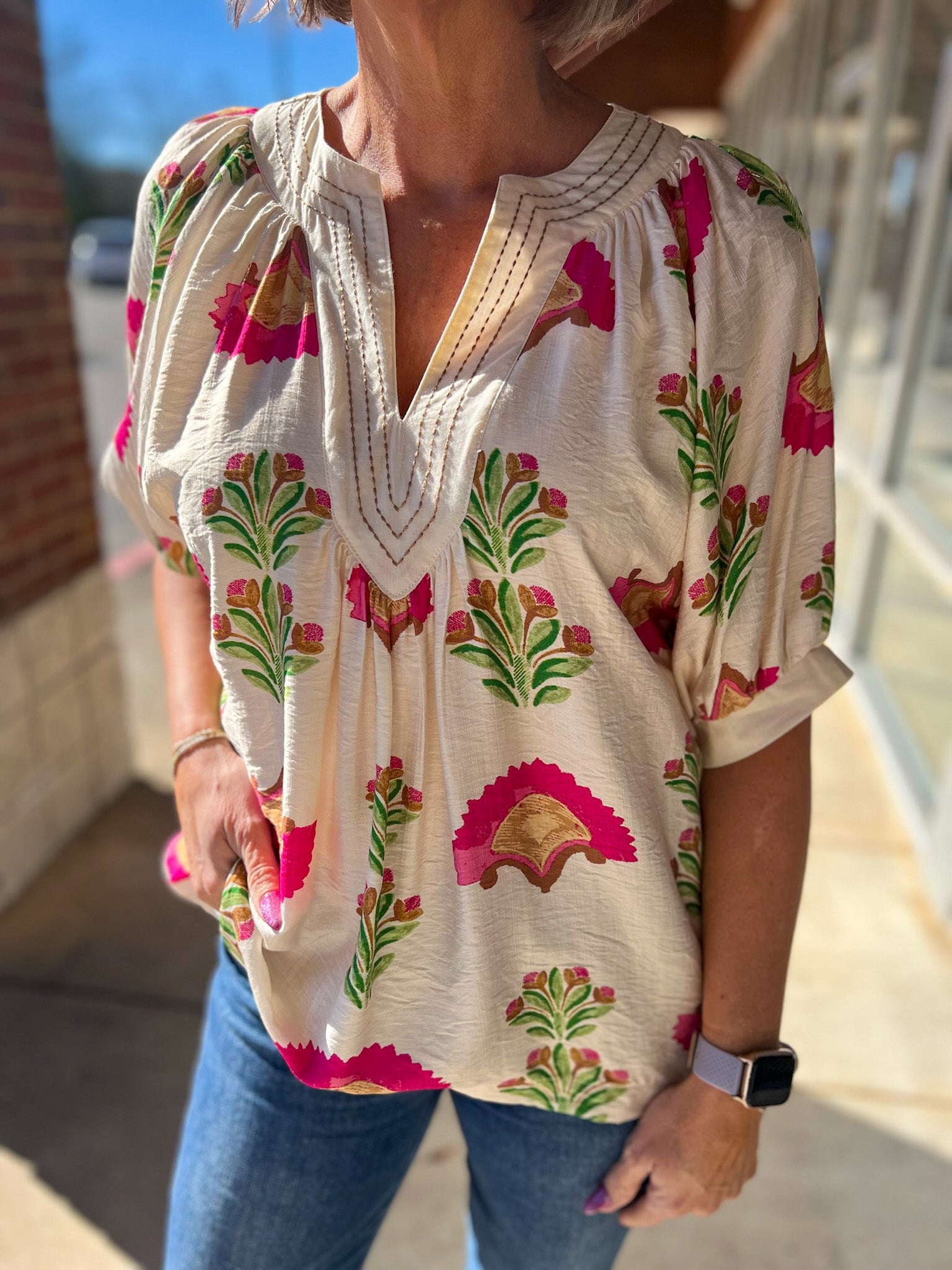 Cream and Fuchsia Abstract Print V - Neck Top - A'Bekah's Boutique