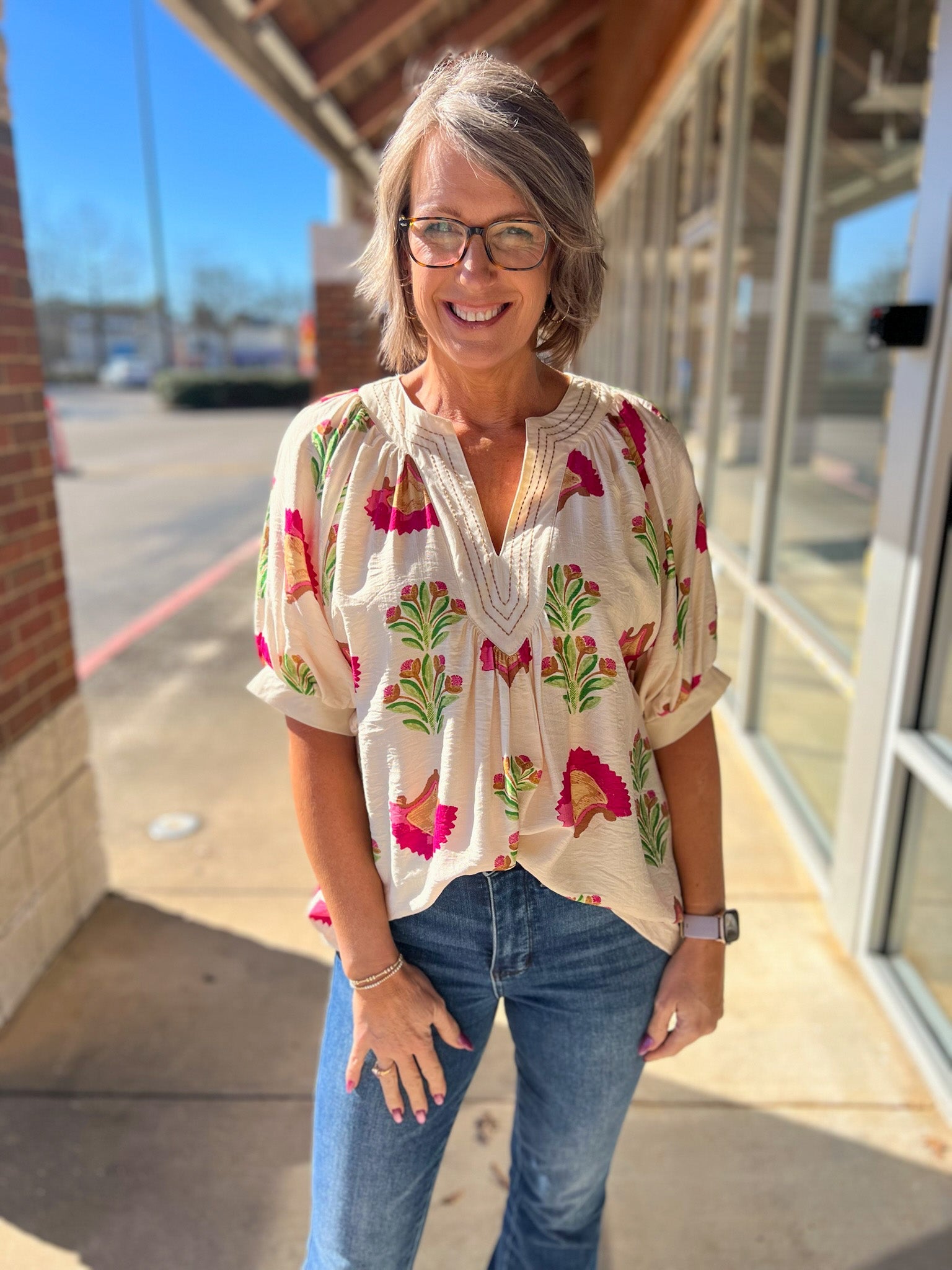 Cream and Fuchsia Abstract Print V - Neck Top - A'Bekah's Boutique