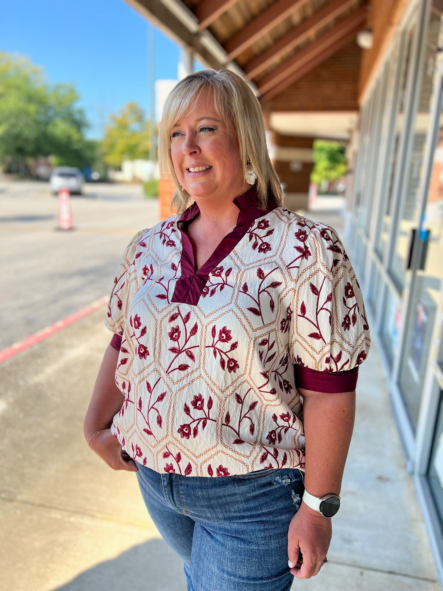 Cream and Garnet Floral Short Puff Sleeve V - Neck Top (C) - A'Bekah's Boutique