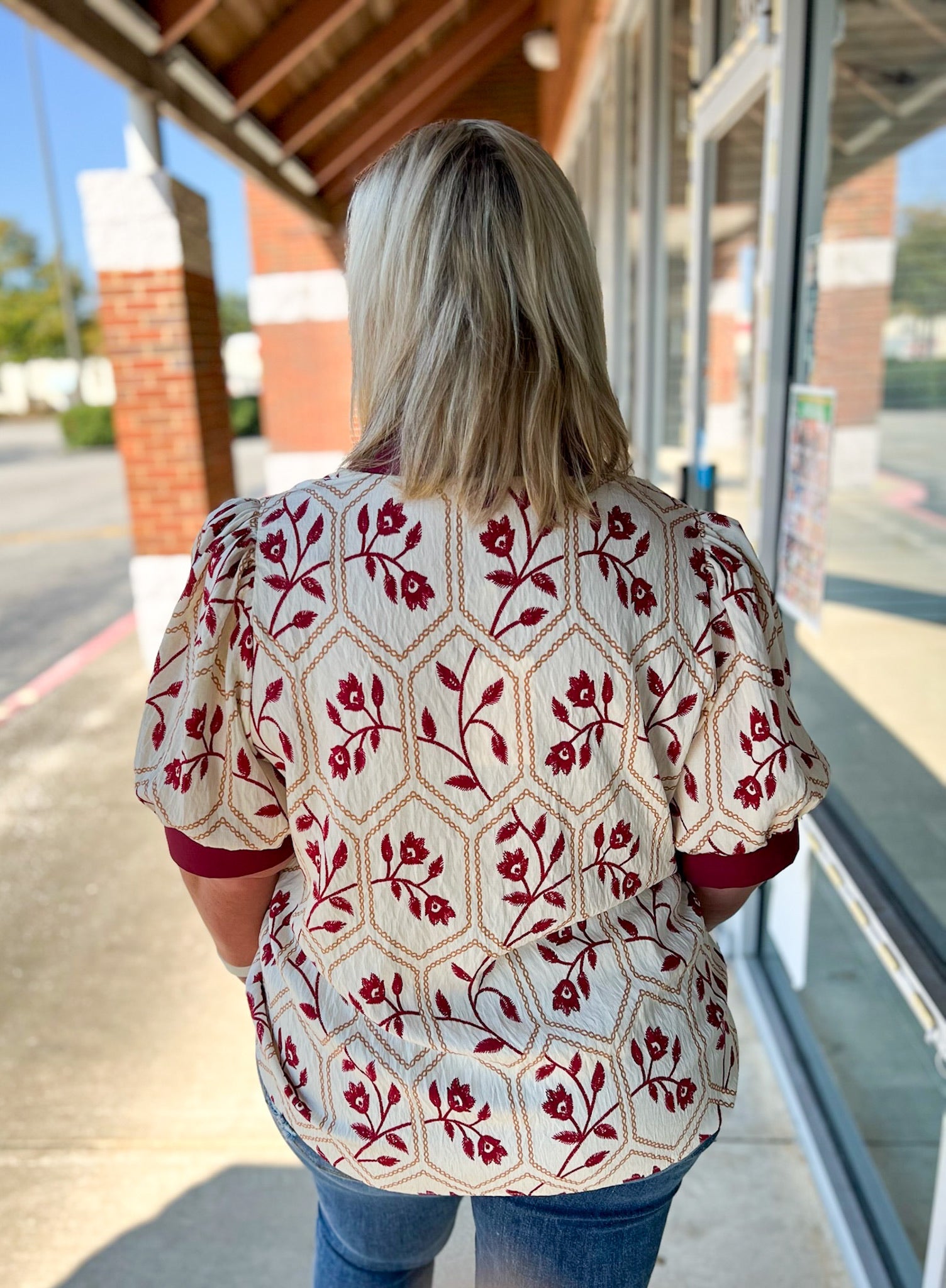 Cream and Garnet Floral Short Puff Sleeve V - Neck Top (C) - A'Bekah's Boutique
