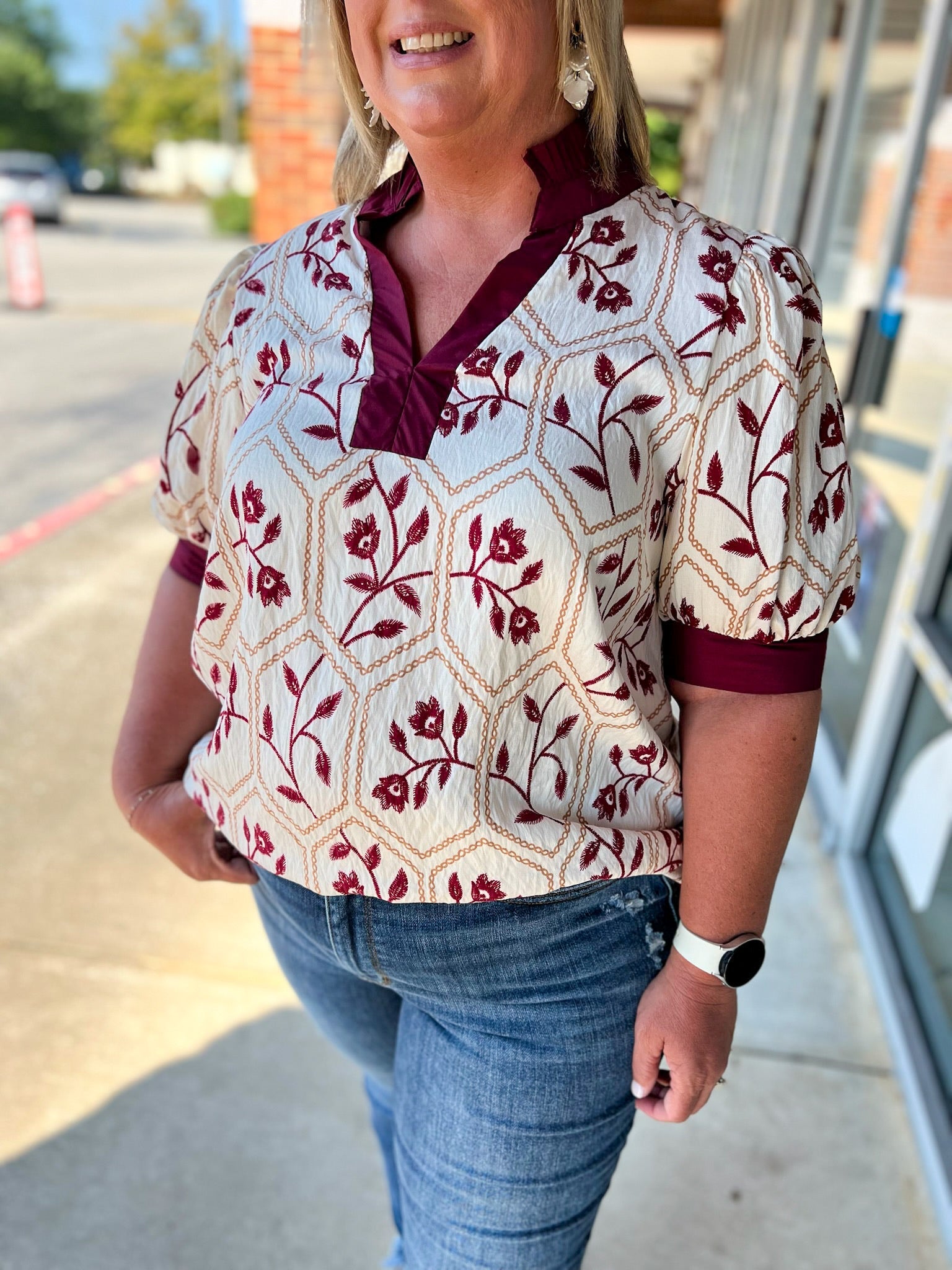 Cream and Garnet Floral Short Puff Sleeve V - Neck Top (C) - A'Bekah's Boutique