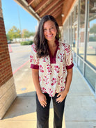 Cream and Garnet Floral Short Puff Sleeve V - Neck Top (R) - A'Bekah's Boutique