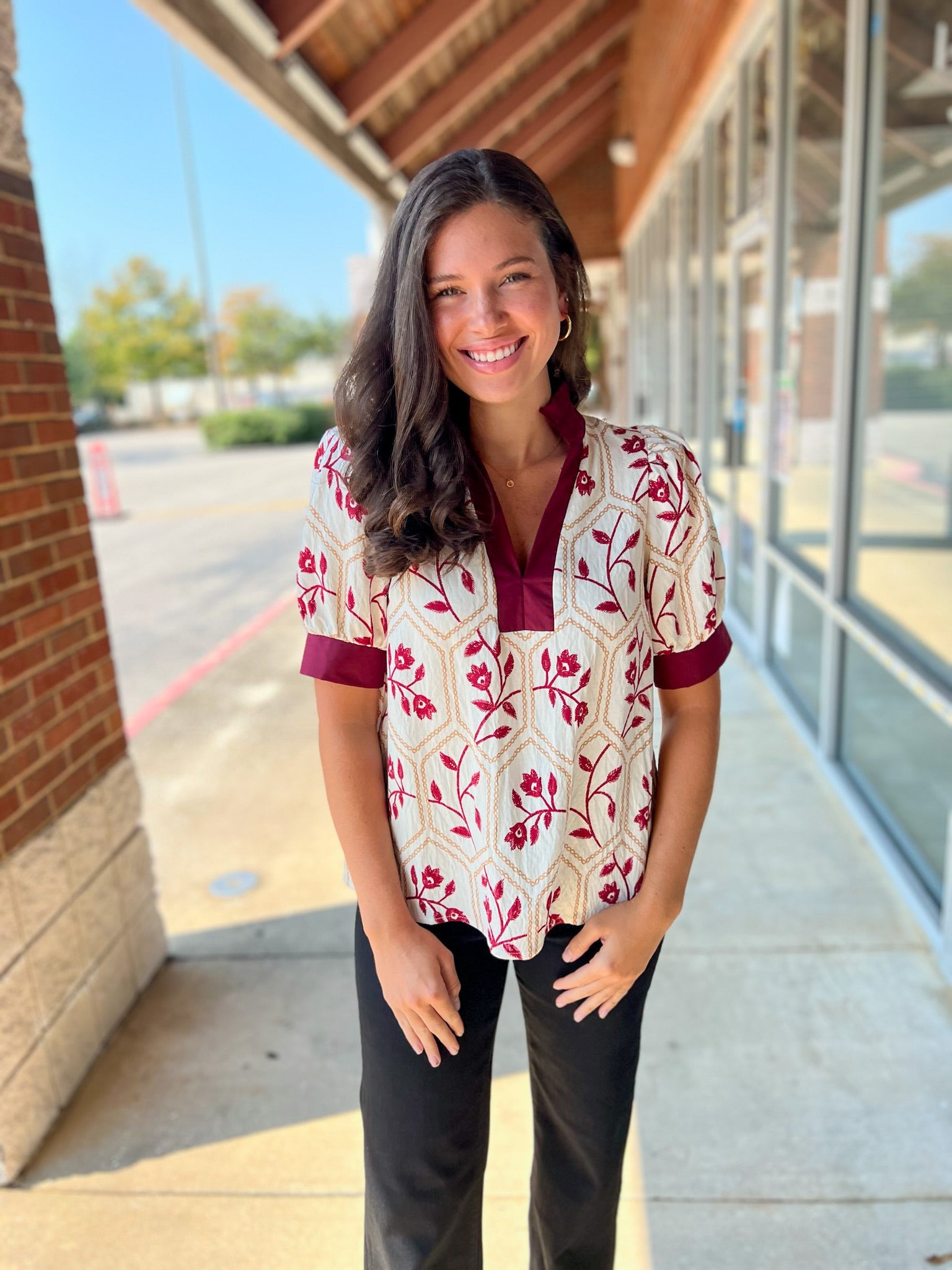 Cream and Garnet Floral Short Puff Sleeve V - Neck Top (R) - A'Bekah's Boutique