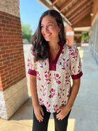 Cream and Garnet Floral Short Puff Sleeve V - Neck Top (R) - A'Bekah's Boutique