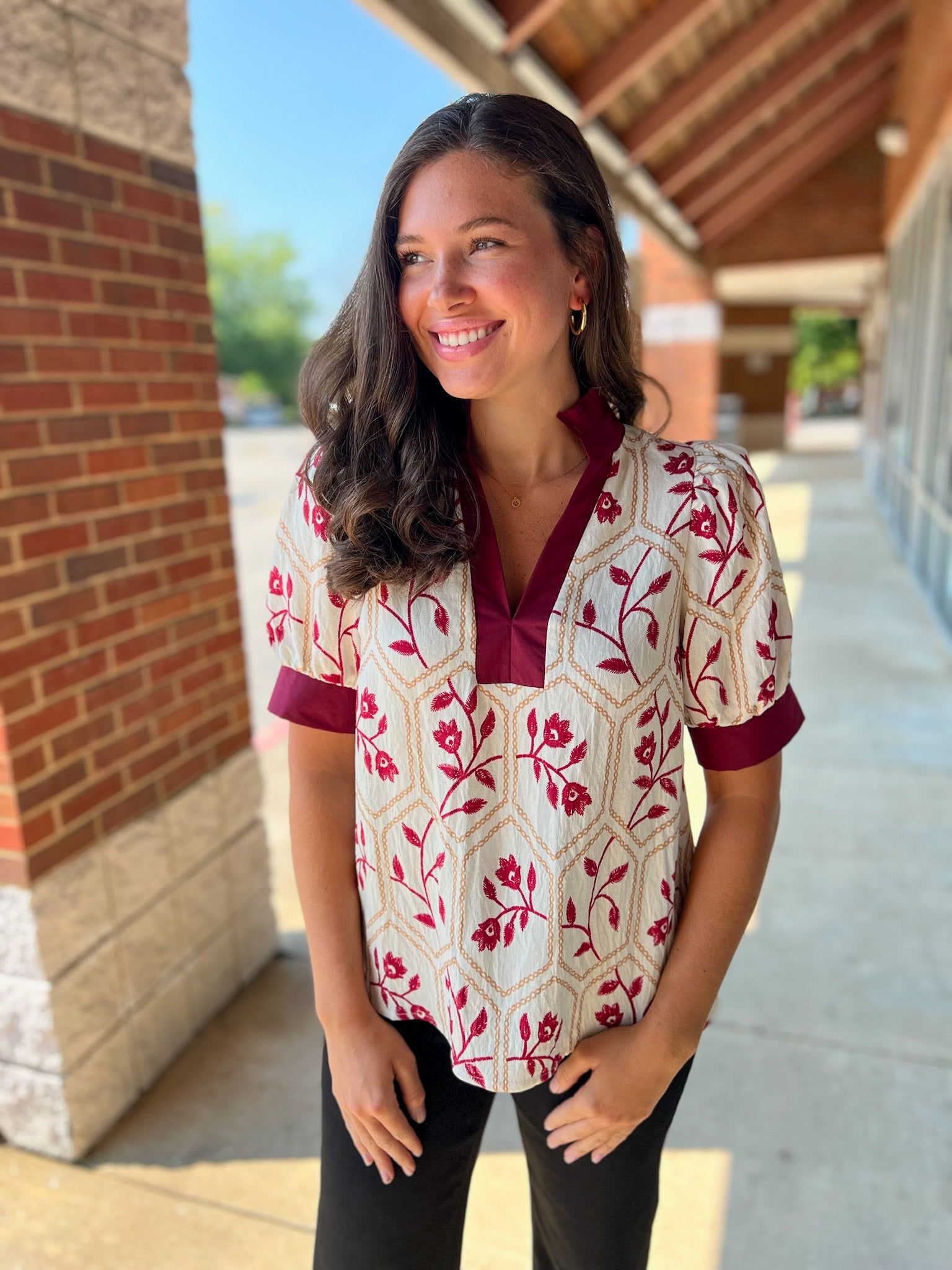 Cream and Garnet Floral Short Puff Sleeve V - Neck Top (R) - A'Bekah's Boutique