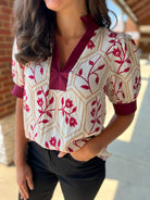 Cream and Garnet Floral Short Puff Sleeve V - Neck Top (R) - A'Bekah's Boutique
