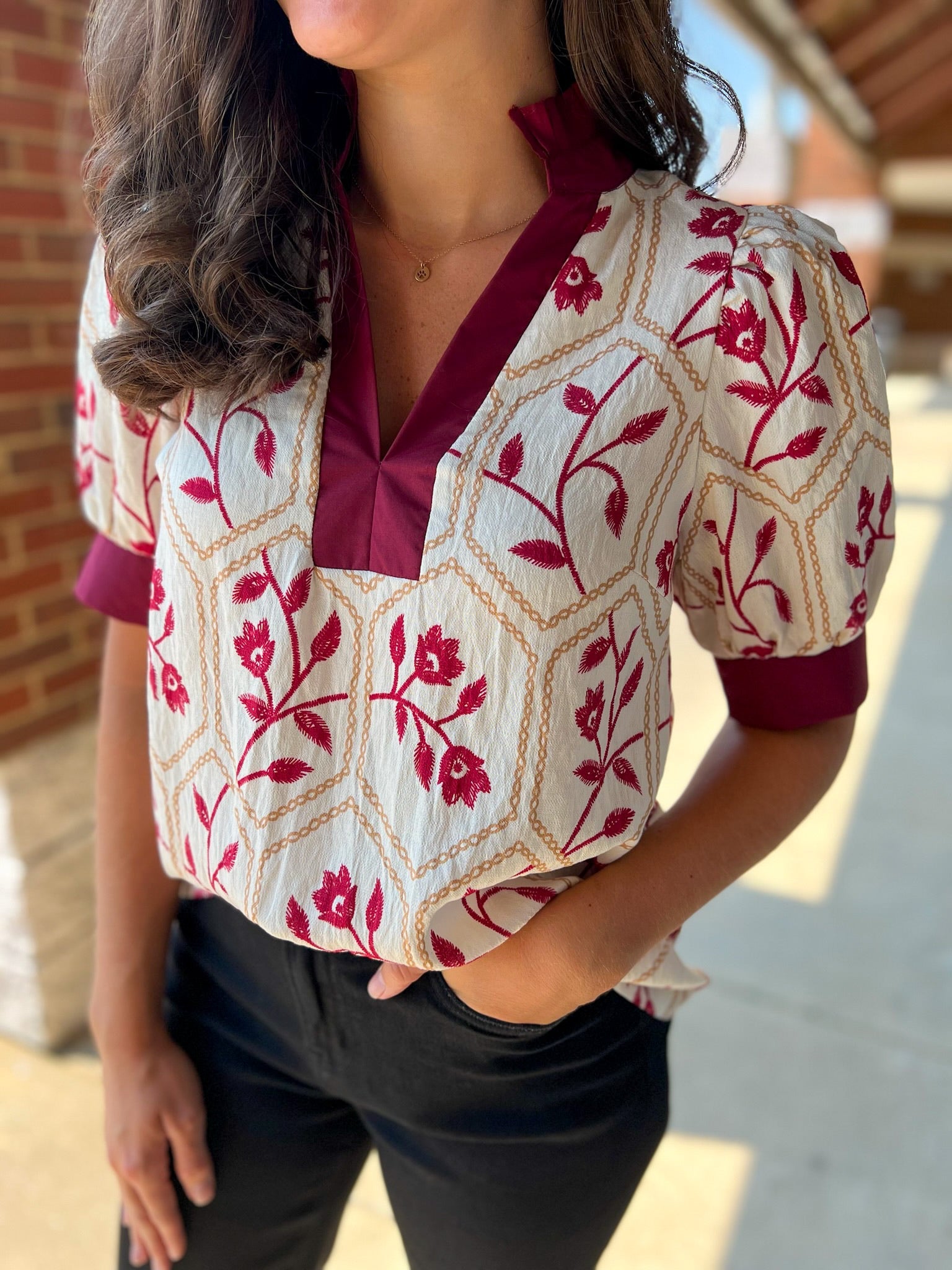 Cream and Garnet Floral Short Puff Sleeve V - Neck Top (R) - A'Bekah's Boutique