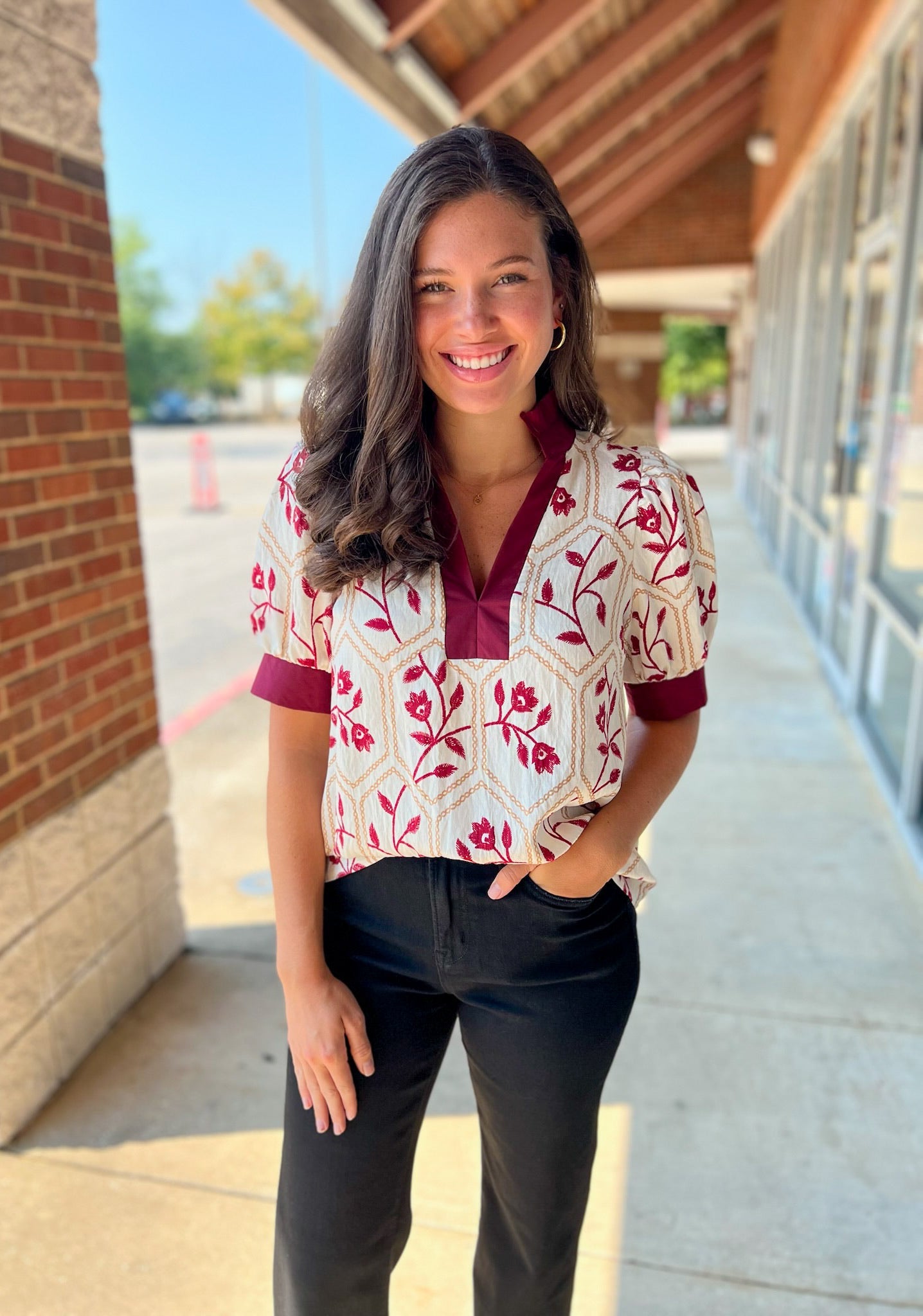 Cream and Garnet Floral Short Puff Sleeve V - Neck Top (R) - A'Bekah's Boutique