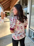 Cream and Garnet Floral Short Puff Sleeve V - Neck Top (R) - A'Bekah's Boutique