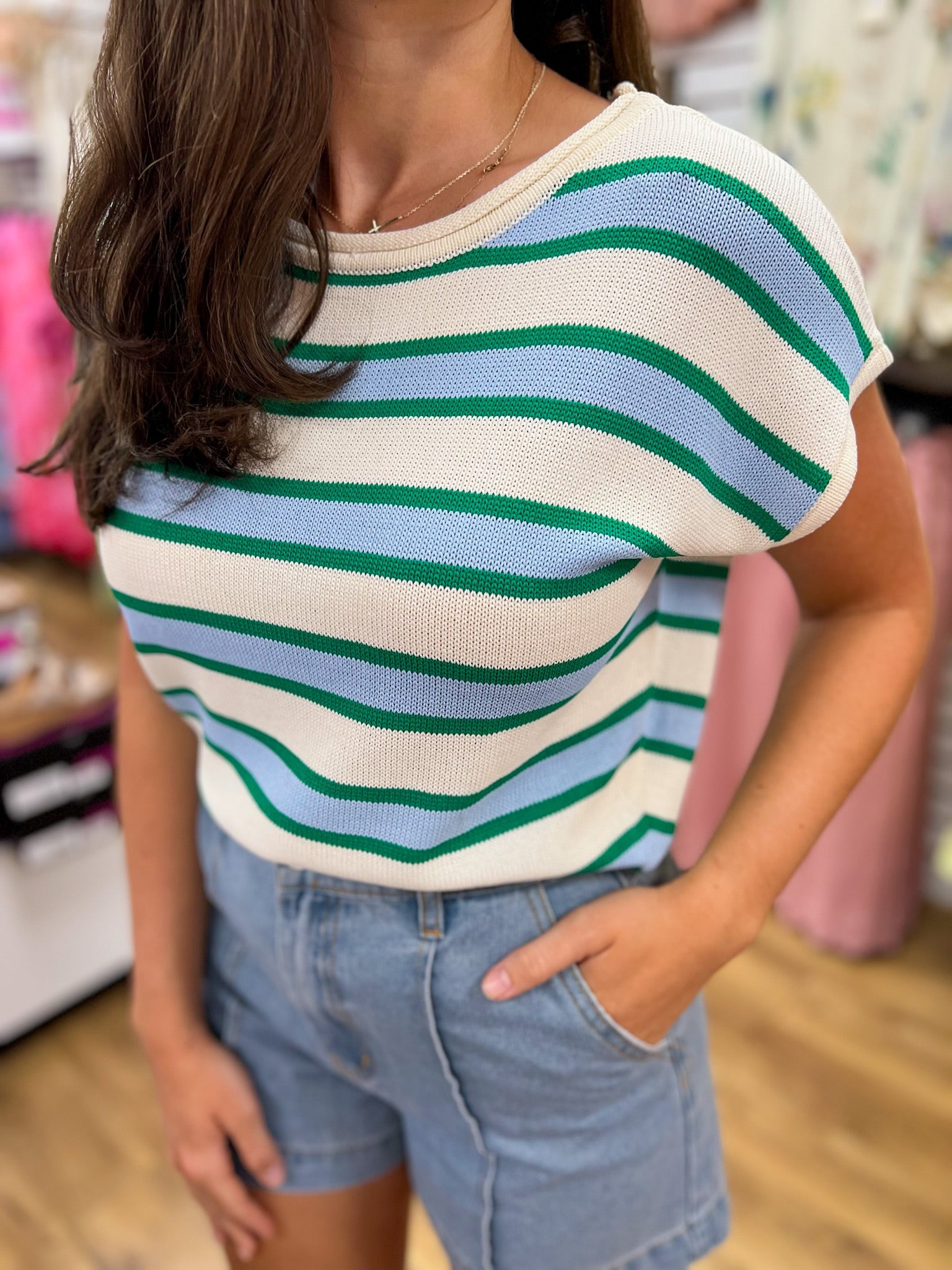 Cream and Green Striped Knit Top with Cap Sleeves - A'Bekah's Boutique