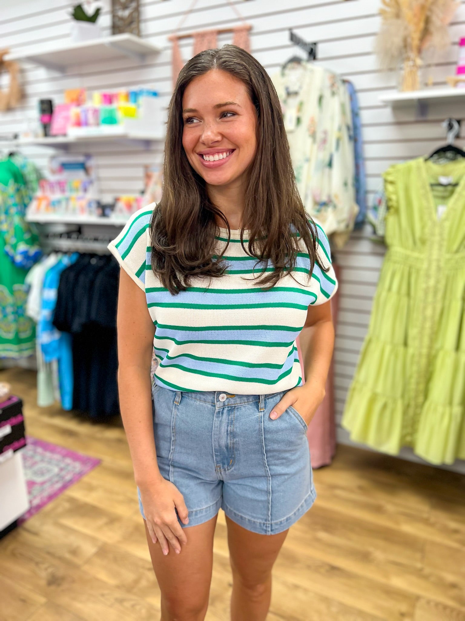 Cream and Green Striped Knit Top with Cap Sleeves - A'Bekah's Boutique