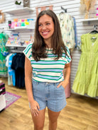 Cream and Green Striped Knit Top with Cap Sleeves - A'Bekah's Boutique