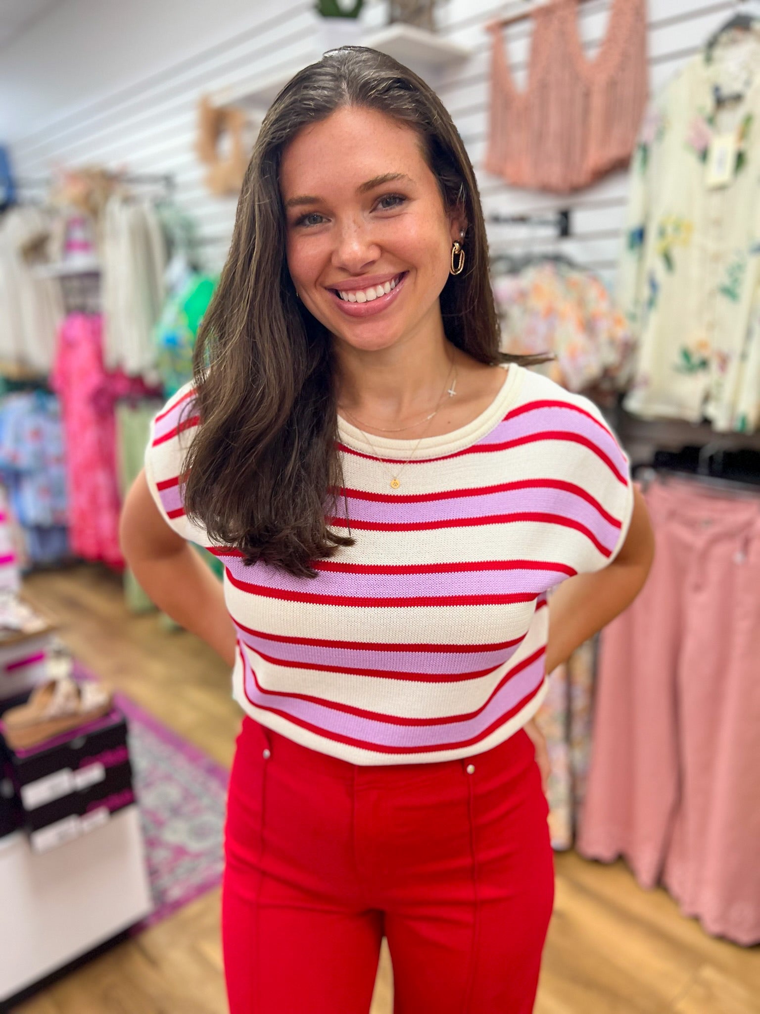 Cream and Pink Striped Knit Top with Cap Sleeves - A'Bekah's Boutique