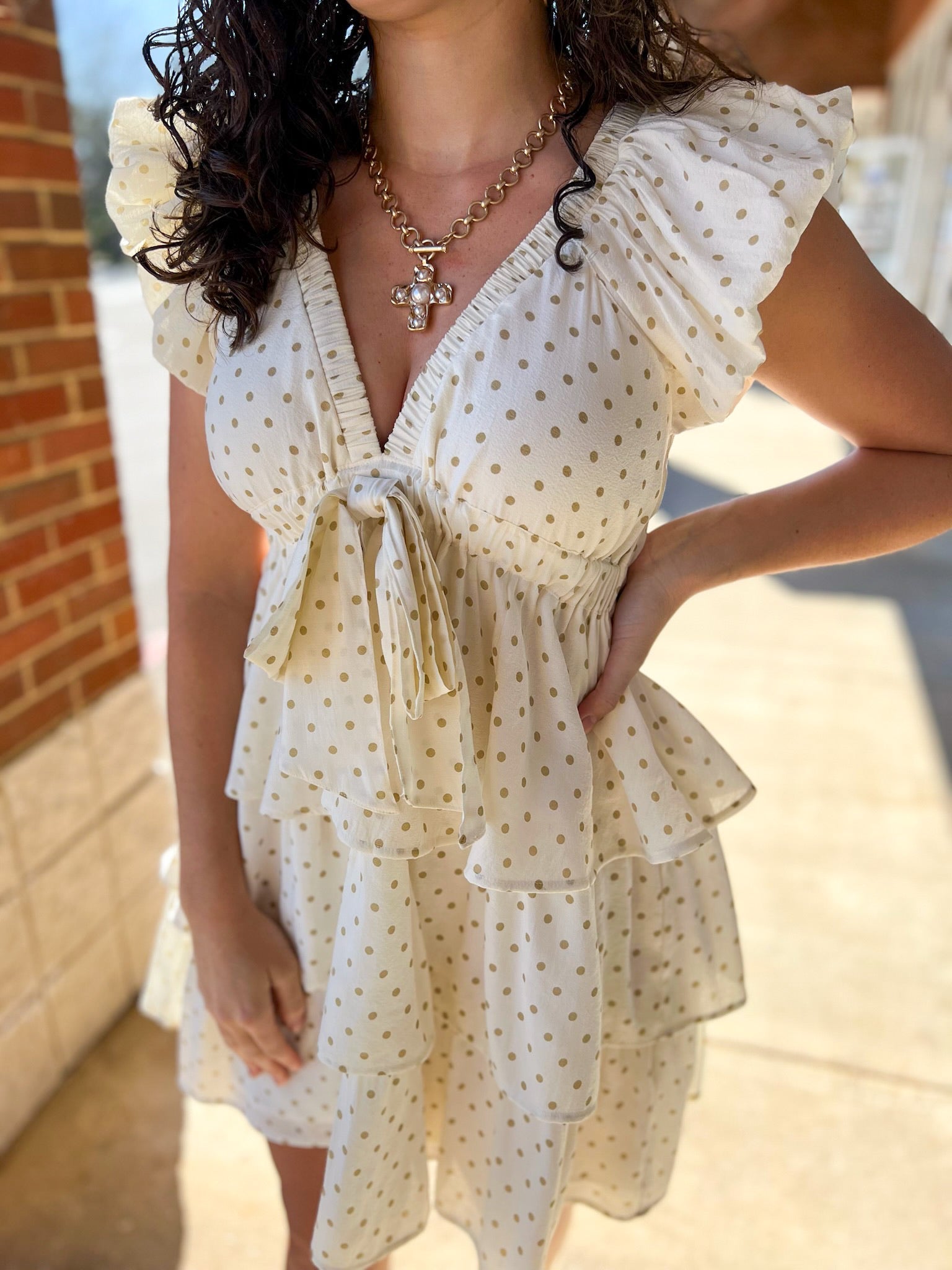 Cream and Taupe Polka Dot Ruffle Tiered Dress - A'Bekah's Boutique