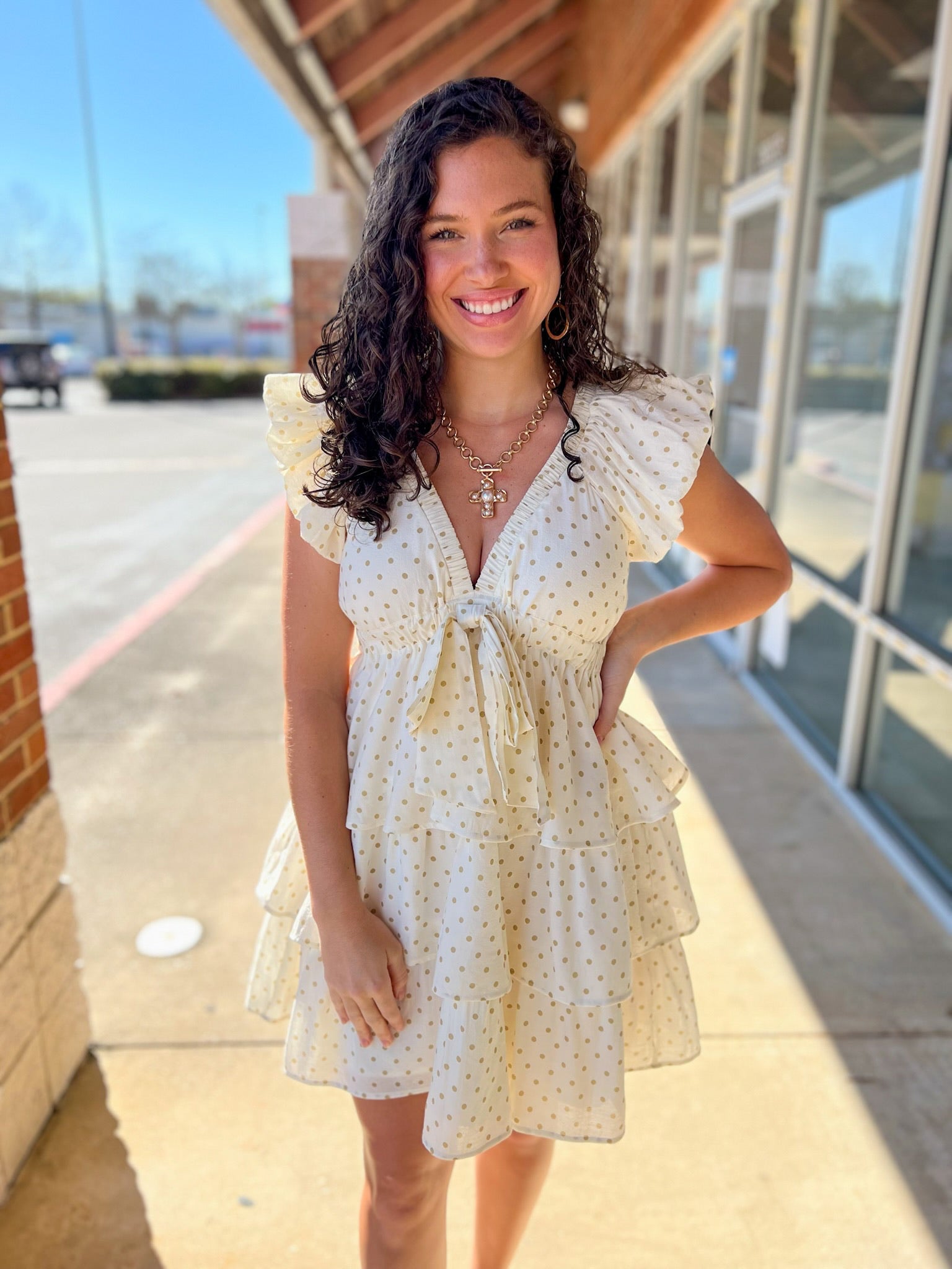 Cream and Taupe Polka Dot Ruffle Tiered Dress - A'Bekah's Boutique