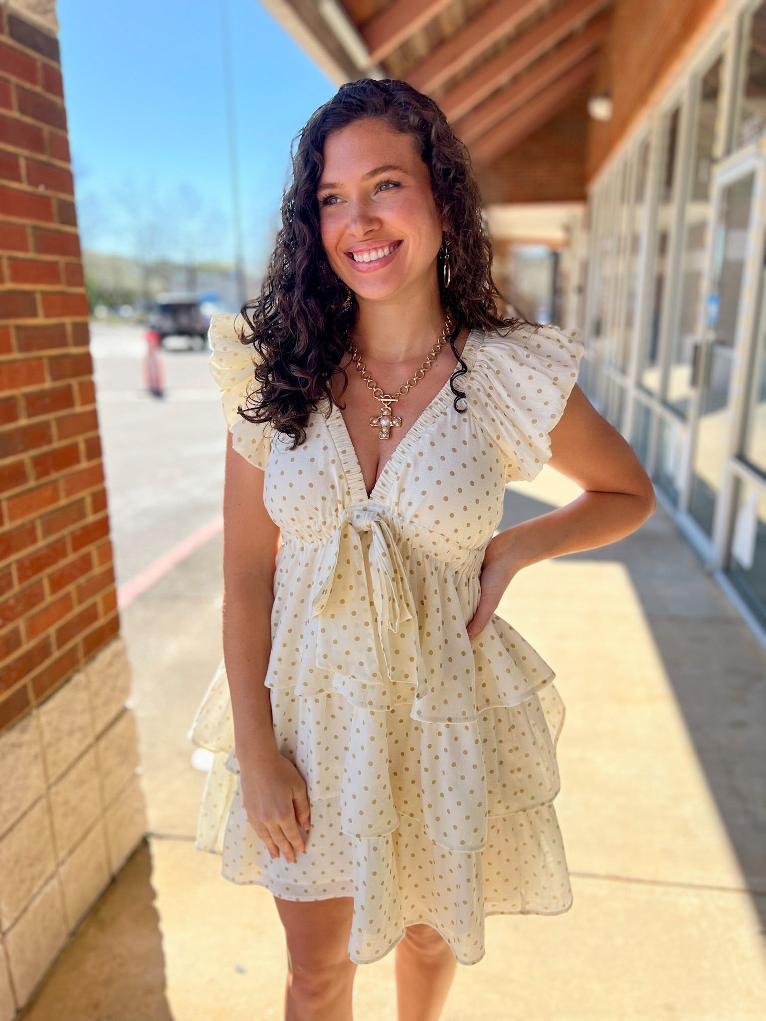 Cream and Taupe Polka Dot Ruffle Tiered Dress - A'Bekah's Boutique