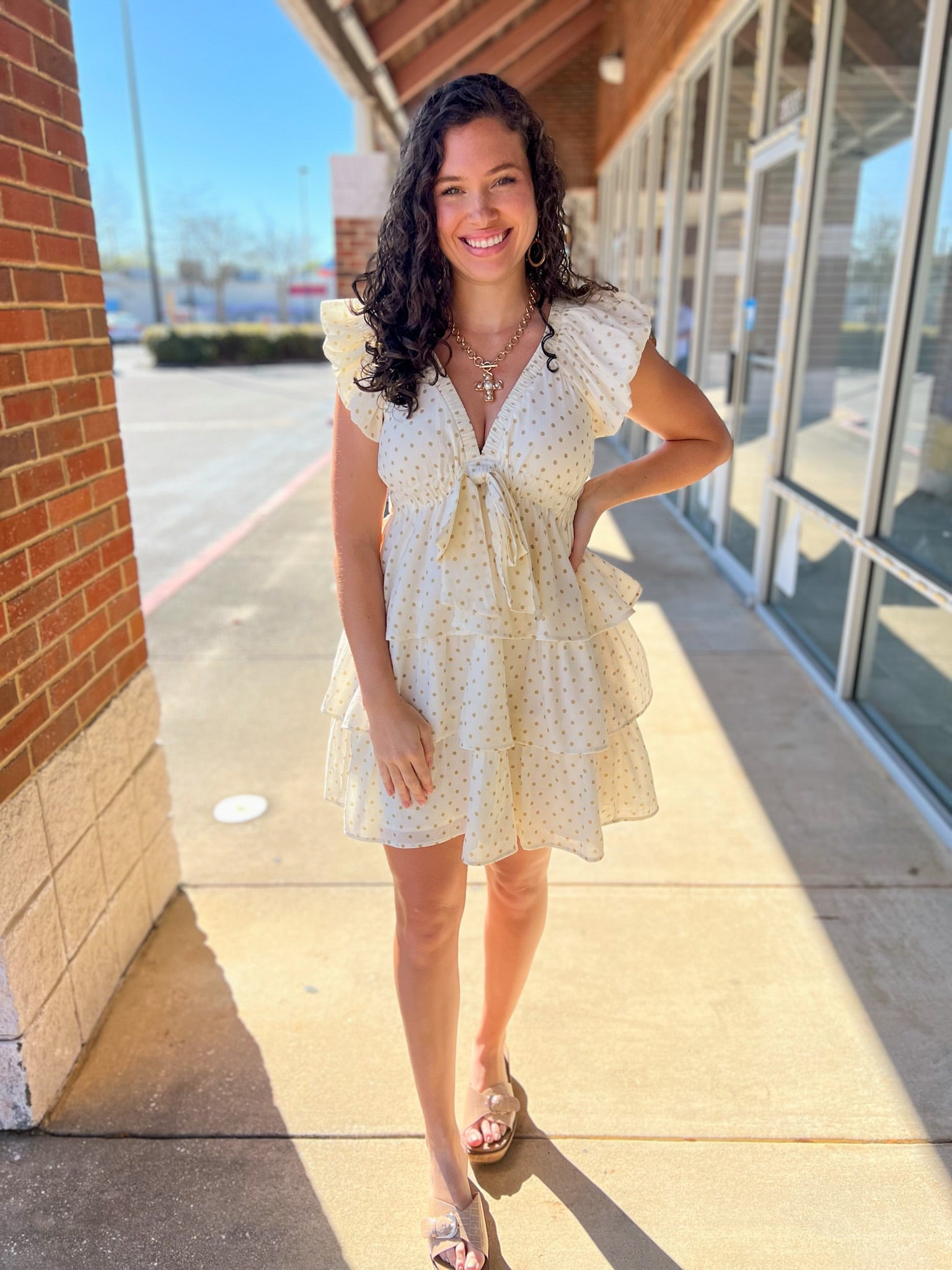 Cream and Taupe Polka Dot Ruffle Tiered Dress - A'Bekah's Boutique