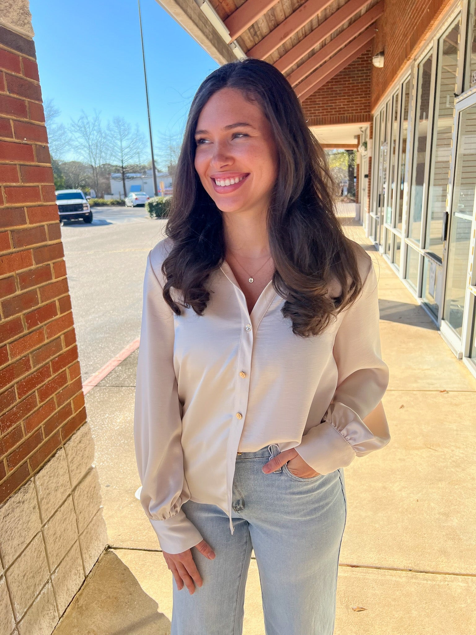 Cream Button Up Long Sleeve Top - A'Bekah's Boutique