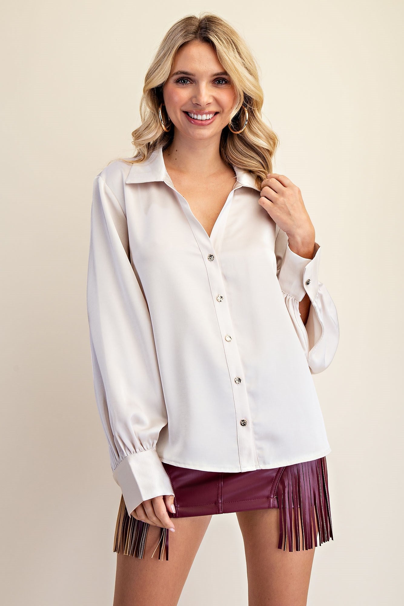 Cream Button Up Long Sleeve Top - A'Bekah's Boutique