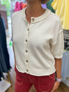Cream Button Up Short Sleeve Knit Top - A'Bekah's Boutique