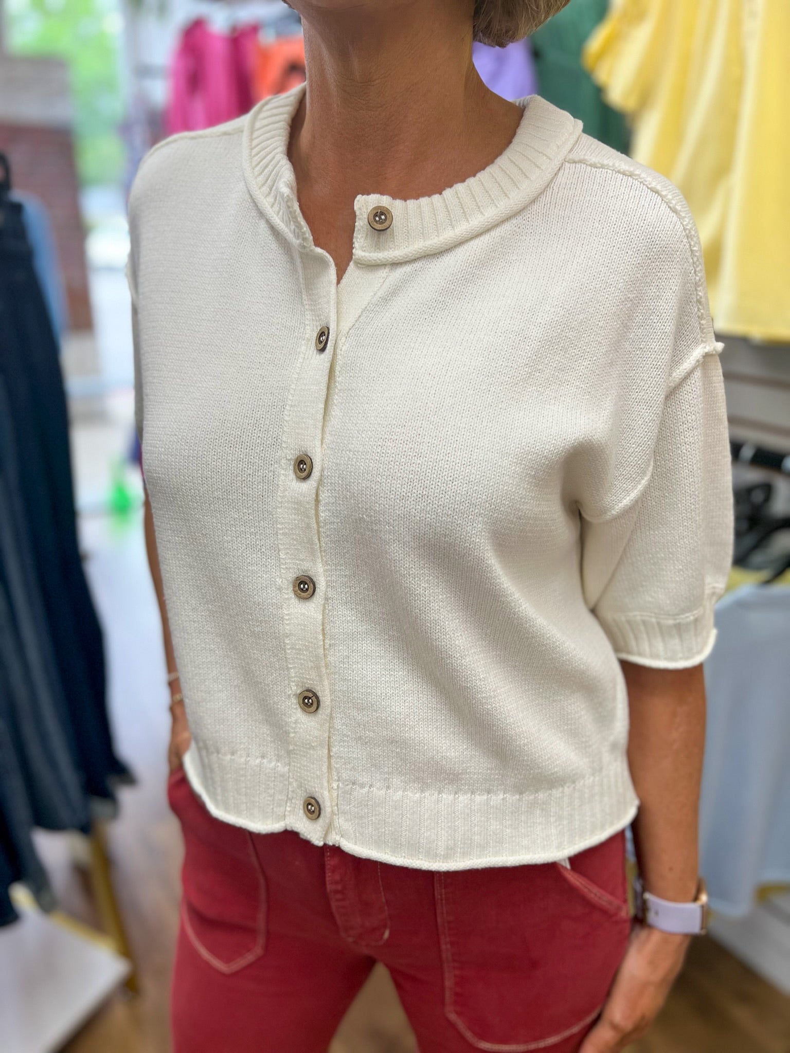 Cream Button Up Short Sleeve Knit Top - A'Bekah's Boutique