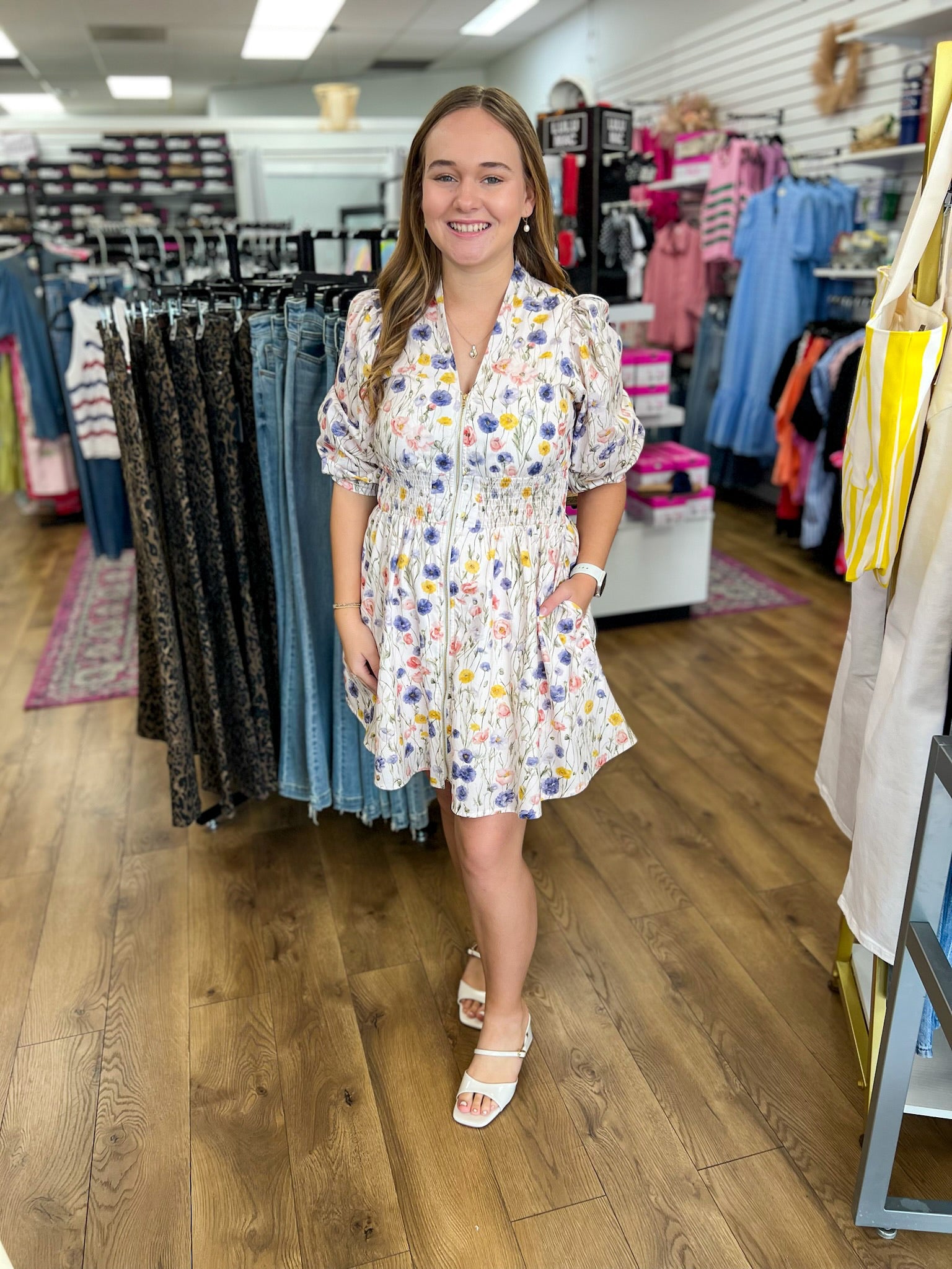Cream Floral Zip Front Dress with 3/4 Length Sleeves - A'Bekah's Boutique