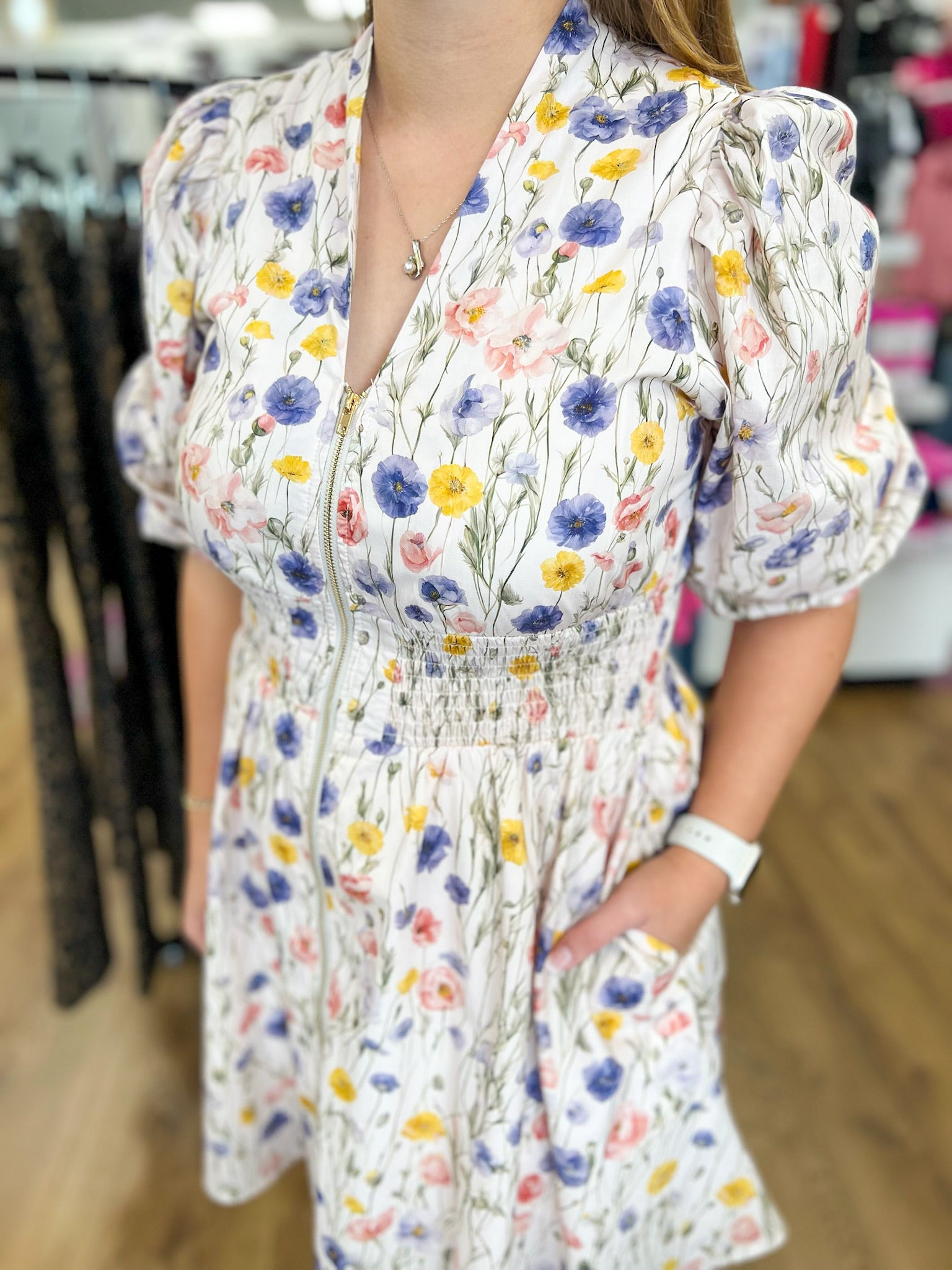 Cream Floral Zip Front Dress with 3/4 Length Sleeves - A'Bekah's Boutique