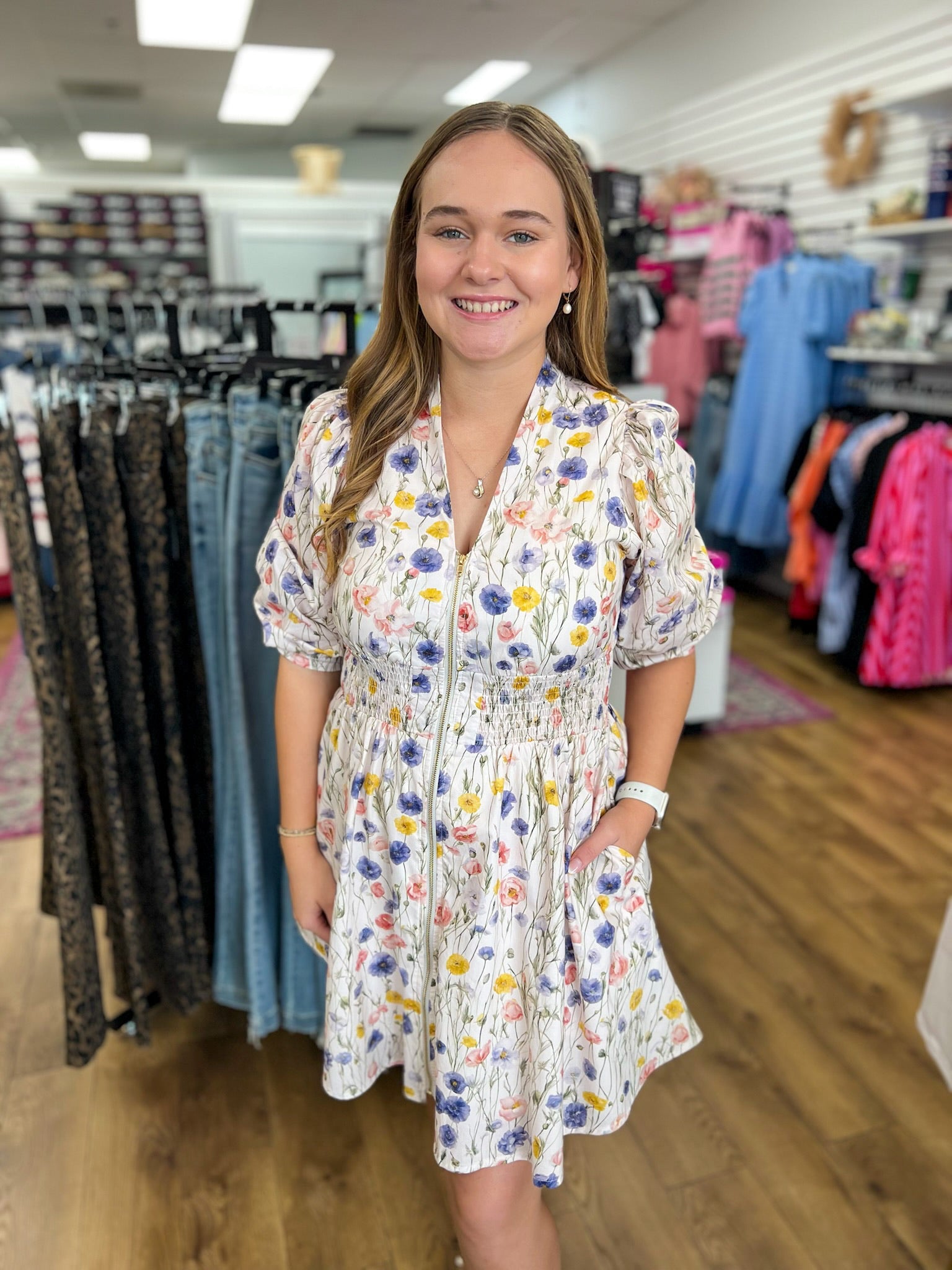 Cream Floral Zip Front Dress with 3/4 Length Sleeves - A'Bekah's Boutique