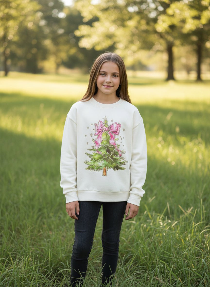 Cream Girls Coquette Christmas Tree Sweatshirt with Pink Bow - A'Bekah's Boutique
