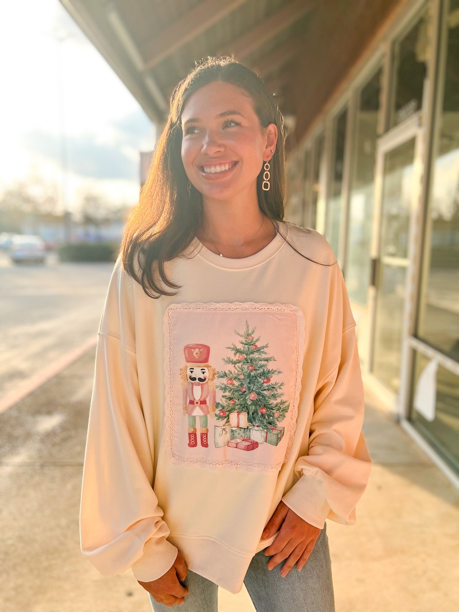 Cream Pastel Nutracker and Christmas Tree Corduroy Patch Sweatshirt - A'Bekah's Boutique