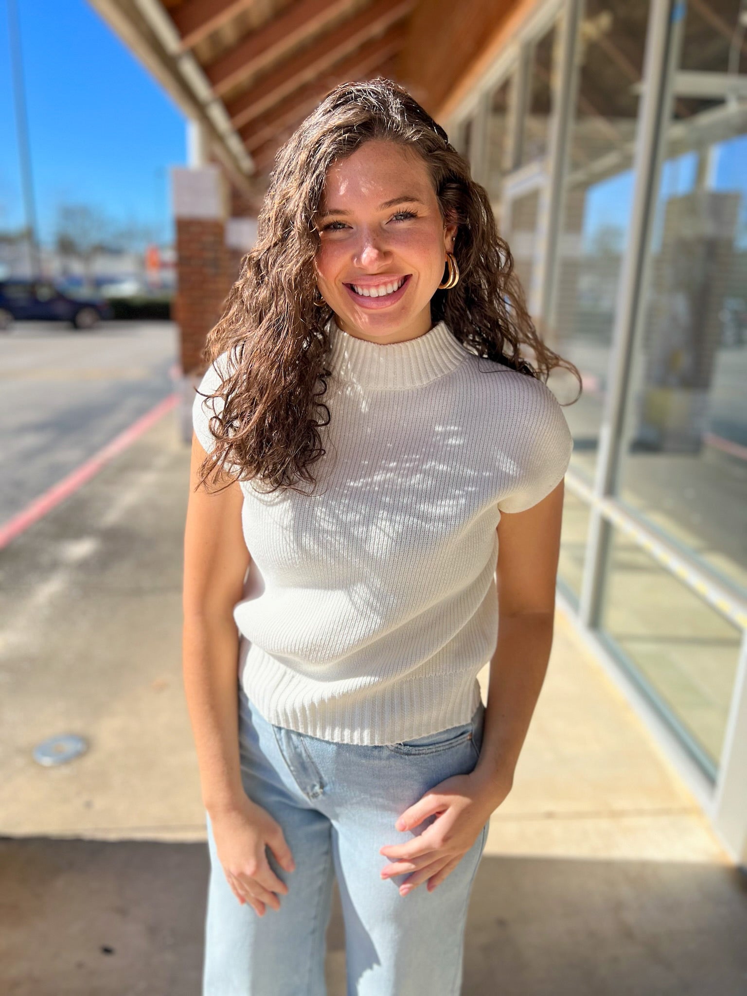 Cream Short Sleeve Mock Neck Sweater - A'Bekah's Boutique