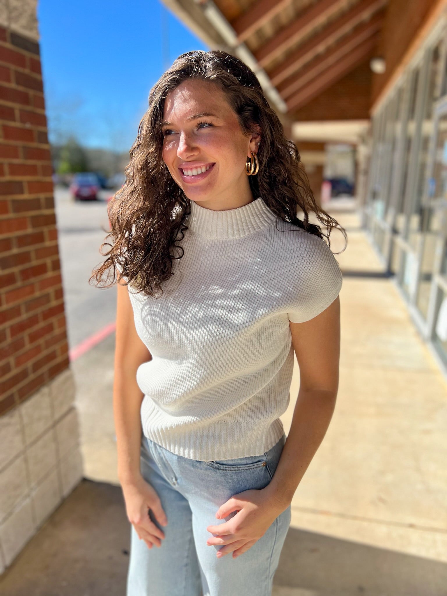 Cream Short Sleeve Mock Neck Sweater - A'Bekah's Boutique