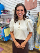 Cream Short Sleeve Ruffle Neck Sweater with Front Buttons - A'Bekah's Boutique